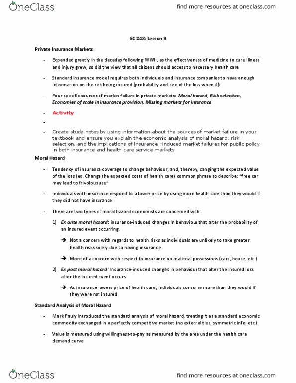 EC248 Lecture Notes - Lecture 9: Moral Hazard, Risk Pool, Market Failure thumbnail