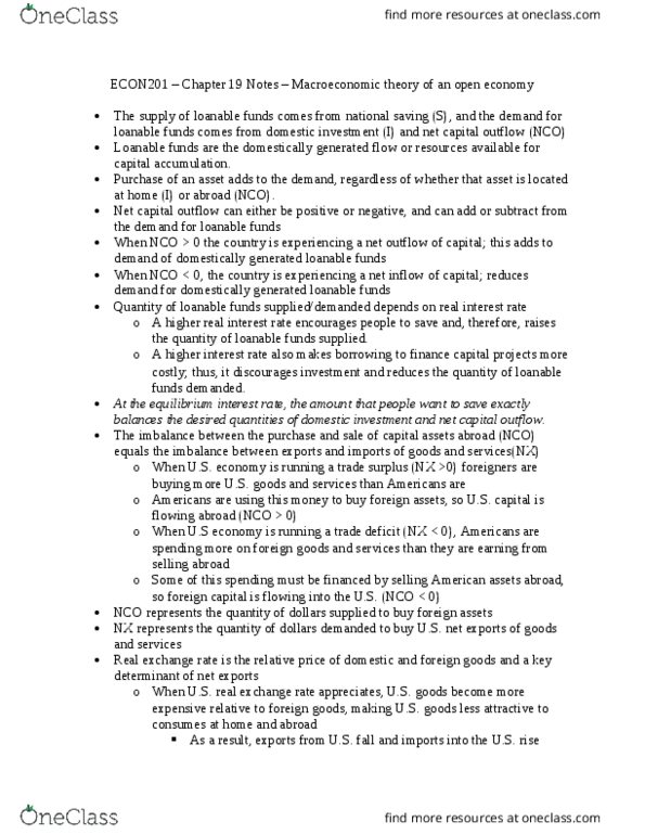 ECON 201 Chapter Notes - Chapter 19: Loanable Funds, Exchange Rate, Real Interest Rate thumbnail