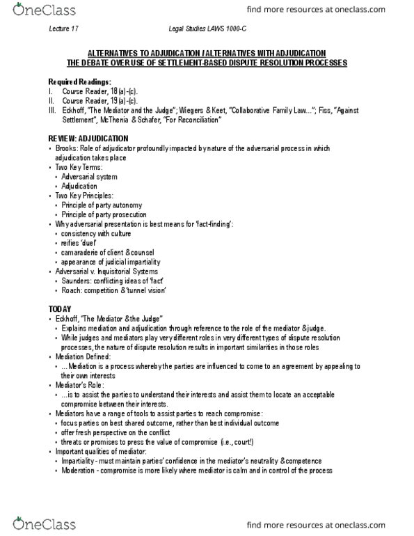 LAWS 1000 Lecture Notes - Lecture 17: Adversarial System, Collaborative Law, Restorative Justice thumbnail