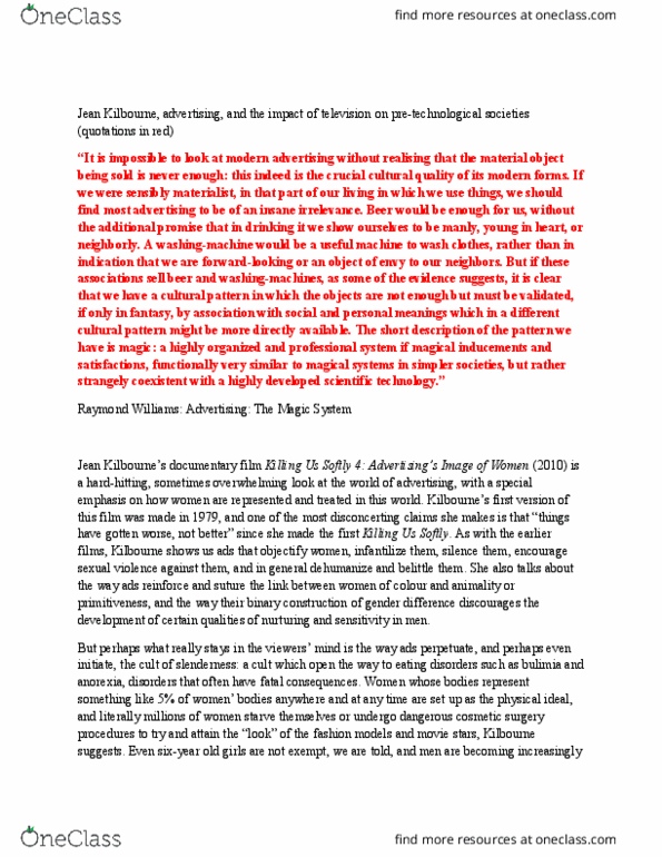 Sociology 2202 Lecture Notes - Lecture 21: Killing Us Softly, Jean Kilbourne, Susan Bordo thumbnail