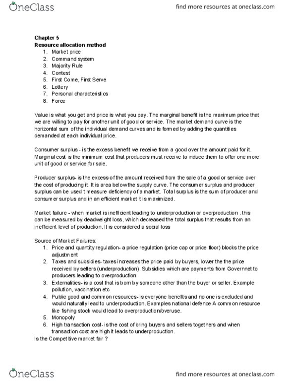 ECON 1010H Chapter Notes - Chapter 5: Deadweight Loss, Economic Surplus, Price Floor thumbnail