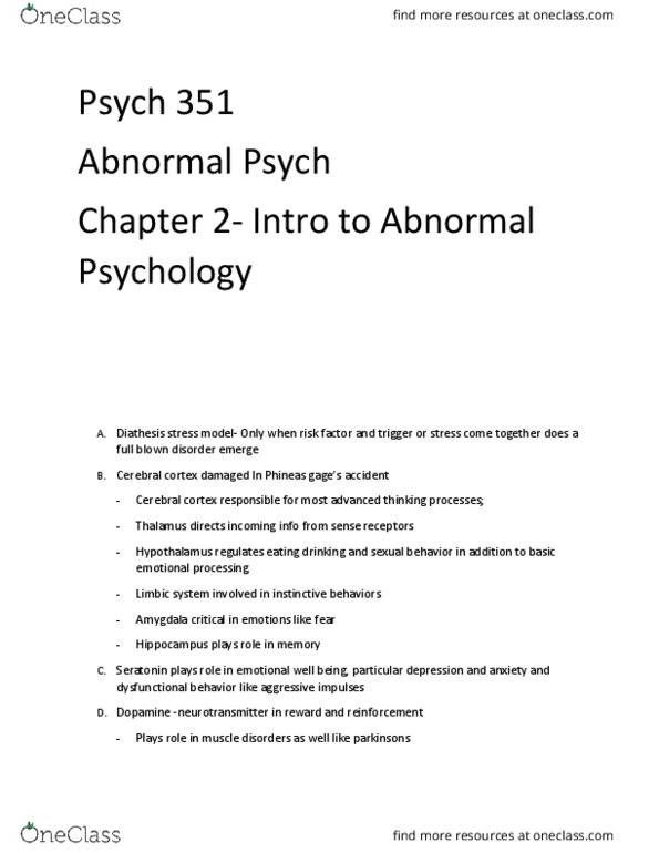 PSY 351 Chapter Notes - Chapter 1: Cerebral Cortex, Serotonin, Limbic System thumbnail