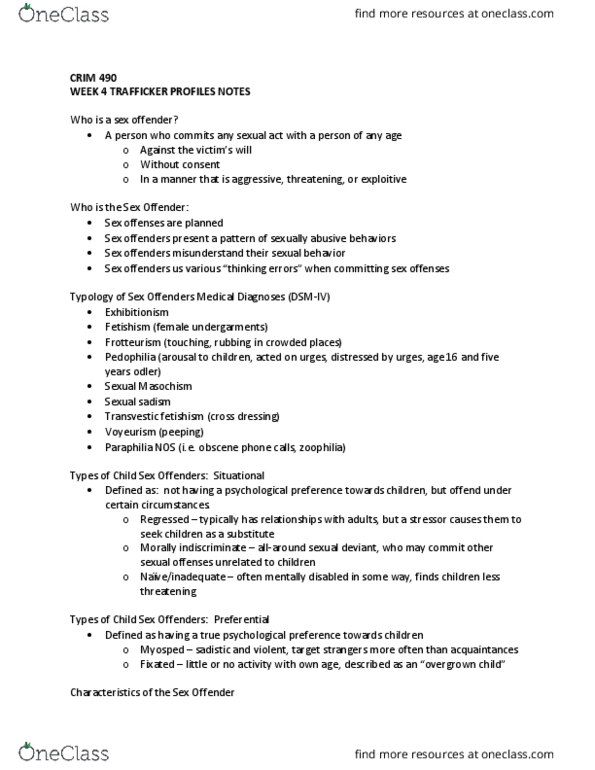 CRIM 490 Lecture Notes - Lecture 4: Transvestic Fetishism, Narcissistic Personality Disorder, Frotteurism thumbnail