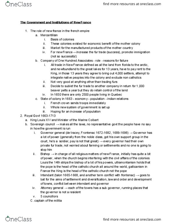 HIST260 Lecture Notes - Lecture 5: Ultramontanism, Sovereign Council Of New France, Gallicanism thumbnail