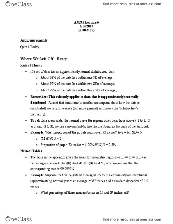 AMS 5 Lecture Notes - Lecture 6: Normal Distribution, Standard Deviation, Scatter Plot thumbnail