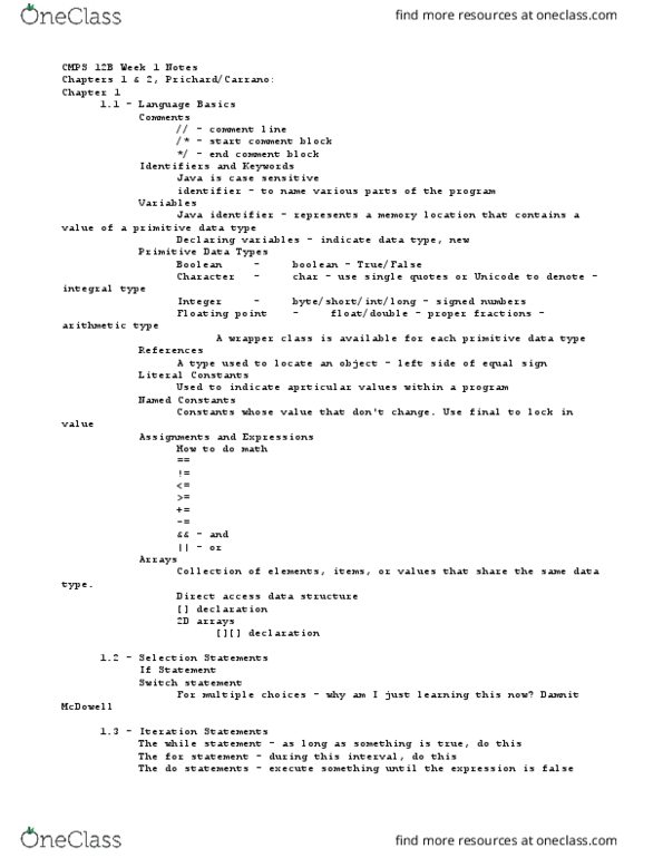 CSE 15 Chapter Notes - Chapter 1-2: Primitive Data Type, Unified Modeling Language, Redundant Code thumbnail