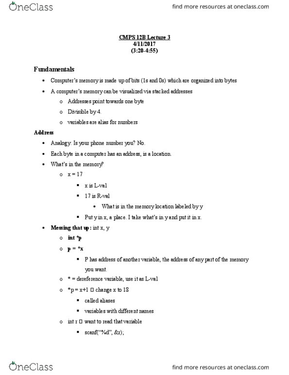 CSE 15 Lecture Notes - Lecture 3: Segmentation Fault, Entry Point, Scanf Format String thumbnail