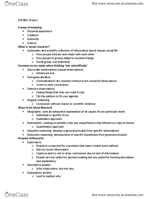 SOCB05H3 Lecture Notes - Lecture 1: Inductive Reasoning, Deductive Reasoning, Nomothetic thumbnail