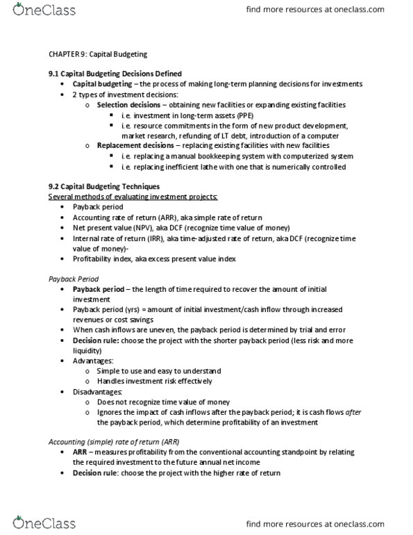 ACCT 102 Chapter Notes - Chapter 9: Payback Period, Capital Budgeting, Net Present Value thumbnail