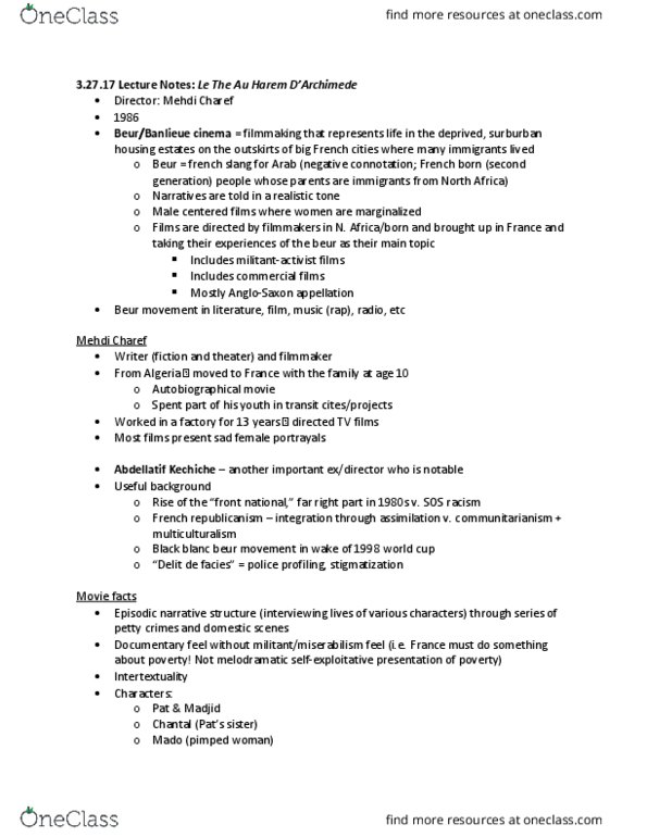 CINE 386 Lecture Notes - Lecture 15: Abdellatif Kechiche, Beur, Communitarianism thumbnail