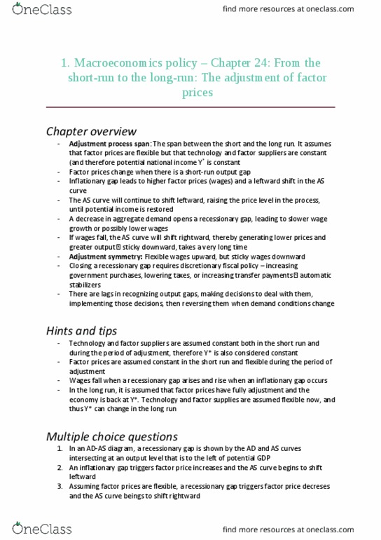ECON 295 Chapter Notes - Chapter 24: Nominal Rigidity, Output Gap, Potential Output thumbnail