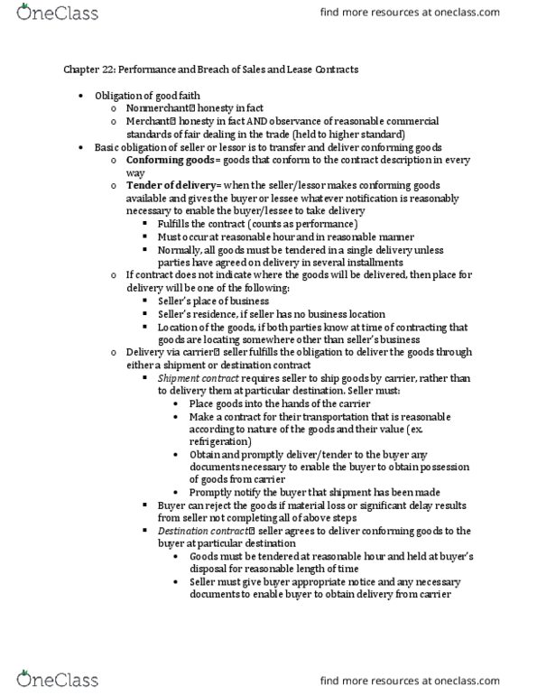 BALW20150 Chapter Notes - Chapter 22: Anticipatory Repudiation, Specific Performance, United Nations Convention On Contracts For The International Sale Of Goods thumbnail