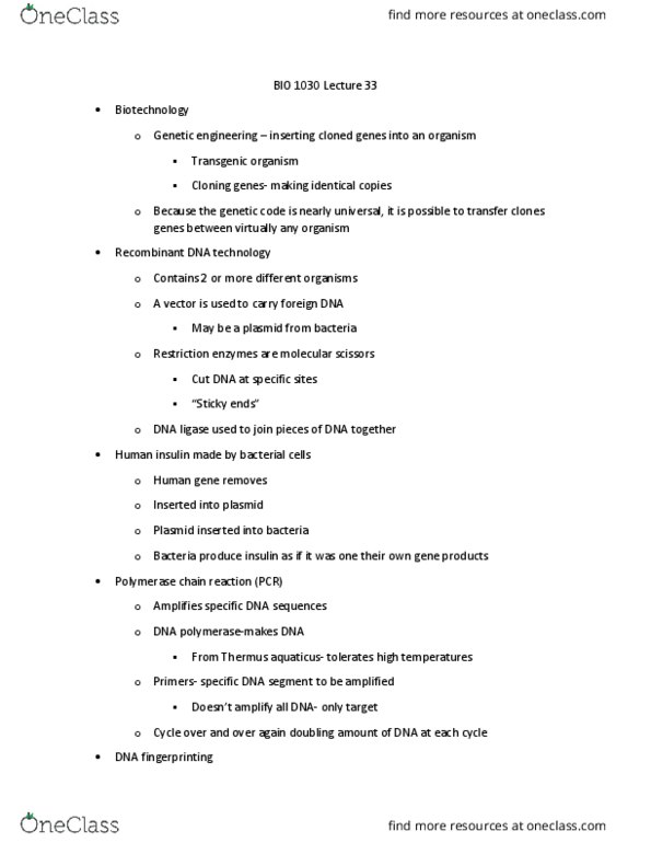 BIO 1030 Lecture Notes - Lecture 33: Thermus Aquaticus, Dna Ligase, Noncoding Dna thumbnail