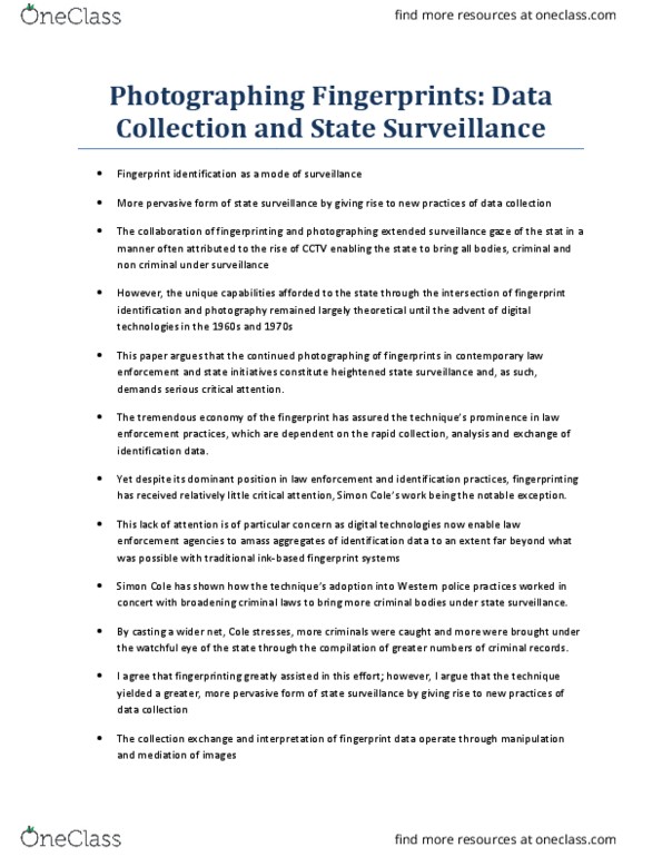 CRIM 3658 Chapter Notes - Chapter Photographing Fingerprints: Data Collection and State Surveillance: Automated Fingerprint Identification, Fingerprint, Henry Faulds thumbnail