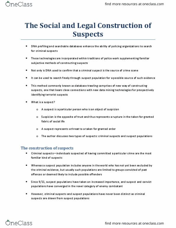 CRIM 3658 Chapter Notes - Chapter The Social and Legal Construction of Suspects: Fingerprint, Colin Pitchfork, Innocence Project thumbnail