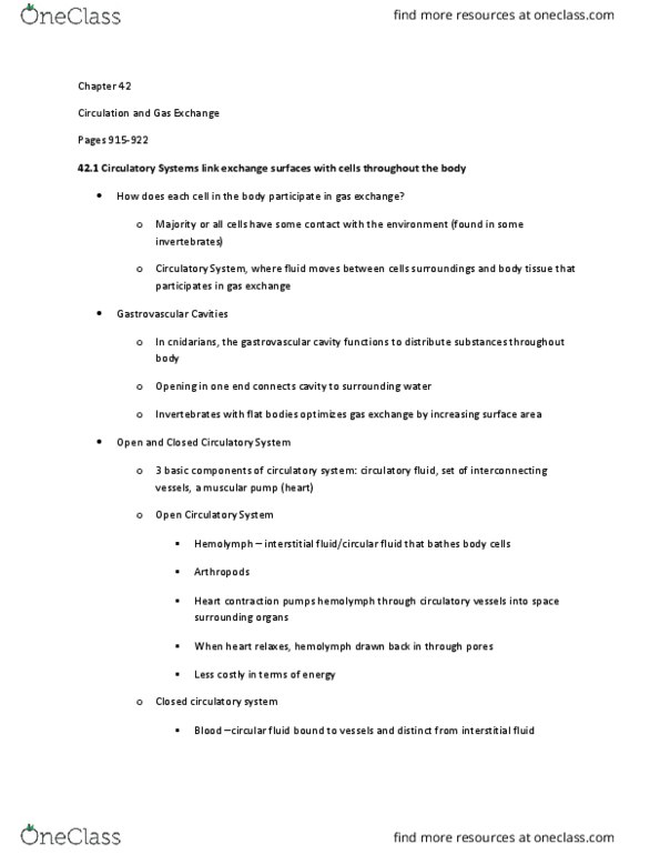 BIOL 2200 Chapter Notes - Chapter 42: Gastrovascular Cavity, Extracellular Fluid, Pulmonary Circulation thumbnail