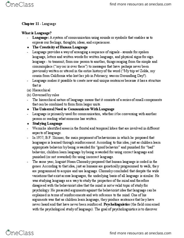 PSYC 221 Chapter Notes - Chapter 11: Frontal Lobe, Temporal Lobe, Spoken Language thumbnail