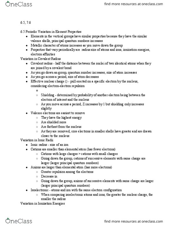 CHEM 1127Q Chapter Notes - Chapter 6-7: Covalent Radius, Ionic Radius, Ionization Energy thumbnail