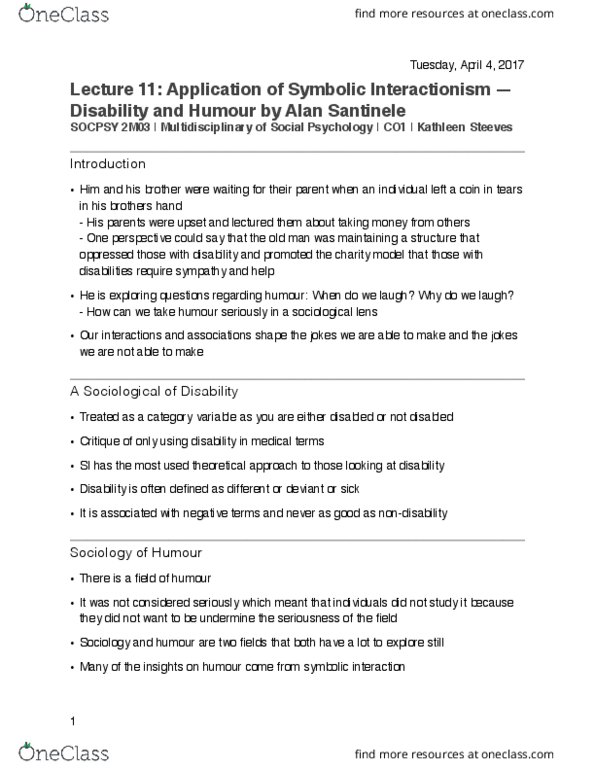 SOCPSY 2M03 Lecture Notes - Lecture 12: Symbolic Interactionism, Erving Goffman thumbnail