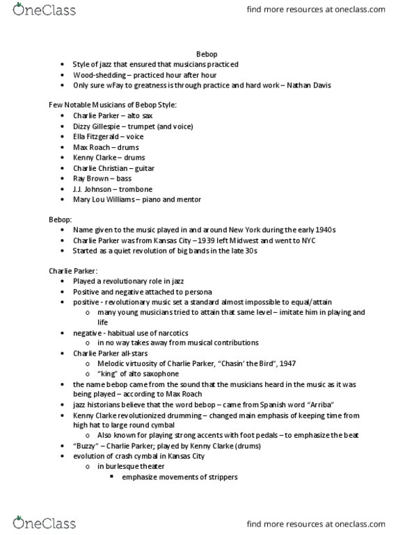 MUSIC 0711 Lecture Notes - Lecture 18: Mary Lou Williams, Kenny Clarke, Max Roach thumbnail