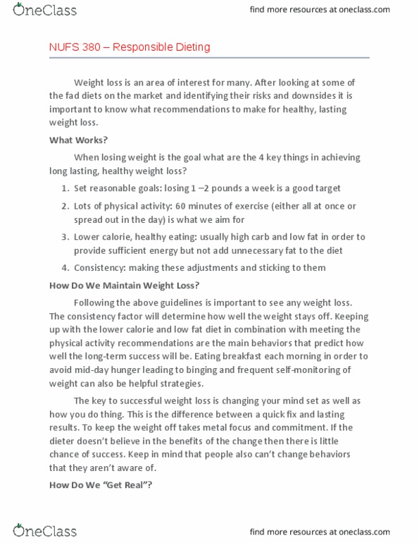 NUTR480 Chapter Notes - Chapter Article for L12: Fad Diet, Weight Loss, Dieting thumbnail