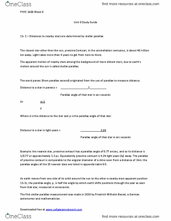 PHYS 1600 Lecture Notes - Lecture 8: Friedrich Bessel, Cosmic Distance Ladder, Parsec thumbnail