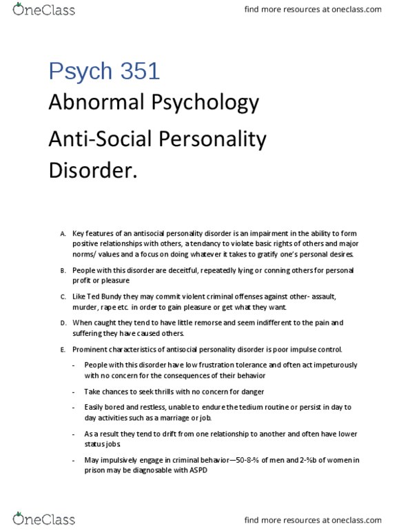 PSY 351 Chapter Notes - Chapter 11: Antisocial Personality Disorder, Pathological Lying, Psychopathy thumbnail