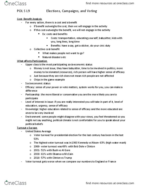 POL S 102 Lecture Notes - Lecture 9: Compulsory Voting, Bob Dole, Socioeconomic Status thumbnail