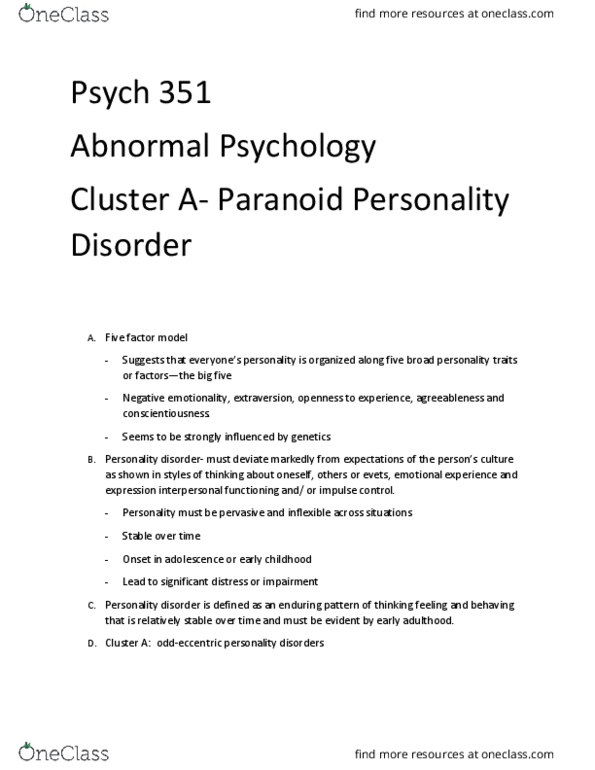 PSY 351 Chapter Notes - Chapter 9: Paranoid Personality Disorder, Schizotypal Personality Disorder, Big Five Personality Traits thumbnail