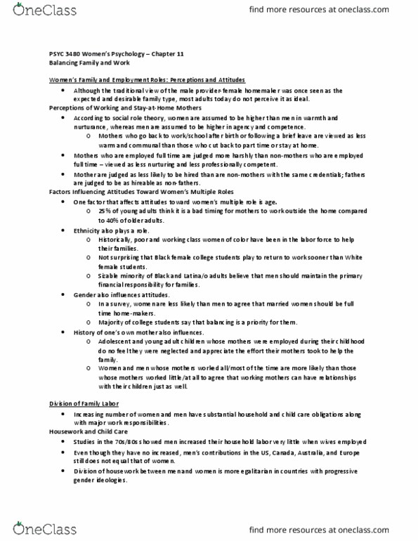 PSYC 3480 Chapter Notes - Chapter 11: Parental Leave, Role Theory, Gender Role thumbnail