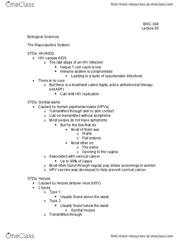 BI SC 004 Lecture Notes - Lecture 63: Aids, Genital Wart, T Helper Cell thumbnail