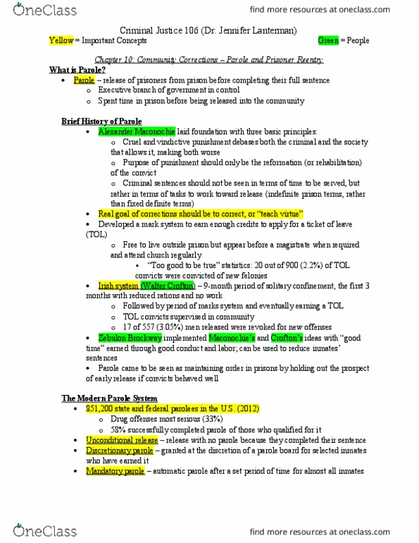 CRJ 106 Chapter Notes - Chapter 10: Zebulon Brockway, Presentence Investigation Report, Parole Board thumbnail