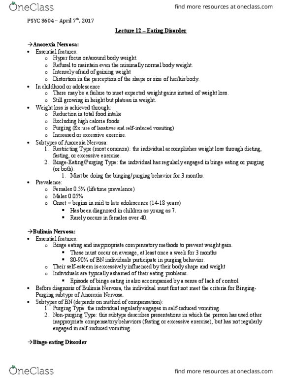 PSYC 3604 Lecture Notes - Lecture 12: Bulimia Nervosa, Binge Eating, Weight Loss thumbnail