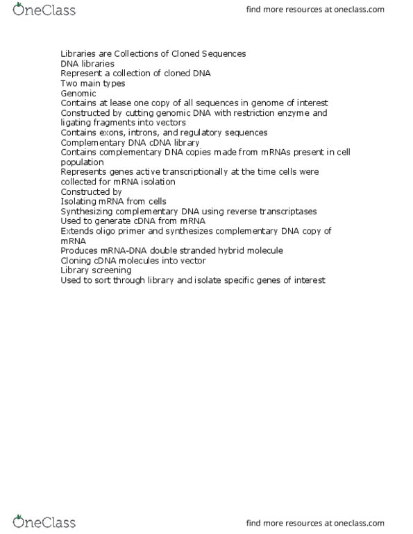 BIL 250 Lecture Notes - Lecture 6: Reverse Transcriptase, Molecular Cloning, Agarose Gel Electrophoresis thumbnail