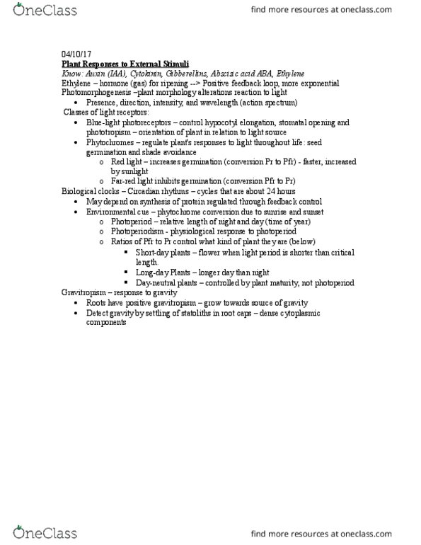 BIO 311D Lecture Notes - Lecture 30: Phytochrome, Circadian Rhythm, Photomorphogenesis thumbnail