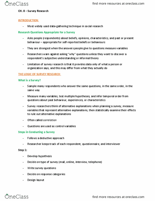 Sociology 2206A/B Chapter Notes - Chapter 8: Social Desirability Bias, Sampling Frame, False Premise thumbnail