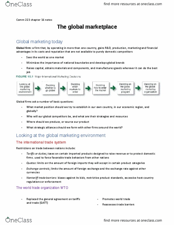 COMM 223 Chapter Notes - Chapter 16: North American Free Trade Agreement, Contract Manufacturer, Global Marketing thumbnail