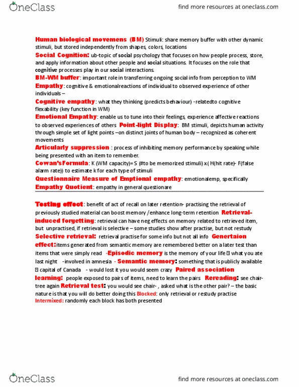 Psychology 3185F/G Lecture Notes - Lecture 5: Empathy Quotient, Semantic Memory, Episodic Memory thumbnail