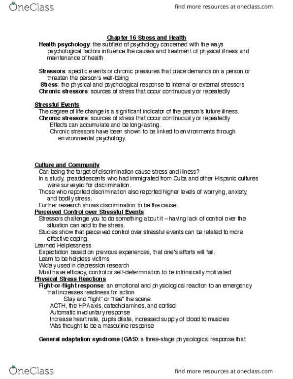 PSY 0010 Lecture Notes - Lecture 13: Coronary Artery Disease, Hans Selye, Learned Helplessness thumbnail