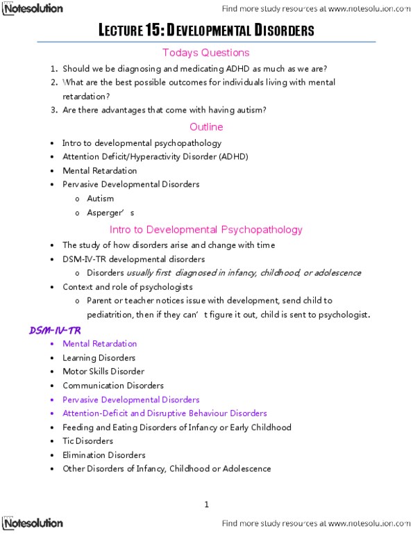 PSYCH257 Lecture Notes - Chromosome, Pervasive Developmental Disorder, Developmental Psychopathology thumbnail