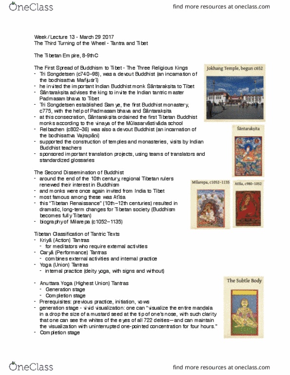 RELIGST 2K03 Lecture Notes - Lecture 13: Trisong Detsen, Padmasambhava, Vajrayana thumbnail