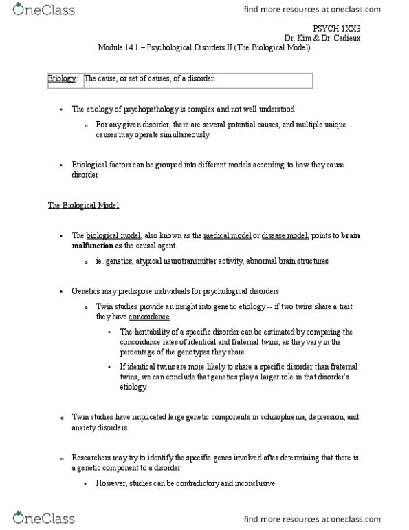 PSYCH 1XX3 Chapter Notes - Chapter 14.1: Twin, Twin Study, Etiology thumbnail