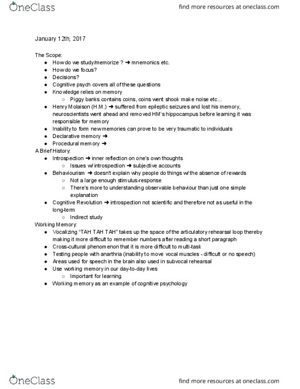 AUPSY102 Lecture Notes - Lecture 1: Henry Molaison, Explicit Memory, Procedural Memory thumbnail