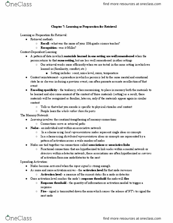 AUPSY102 Chapter Notes - Chapter 7: Spreading Activation, Episodic Memory, Amygdala thumbnail