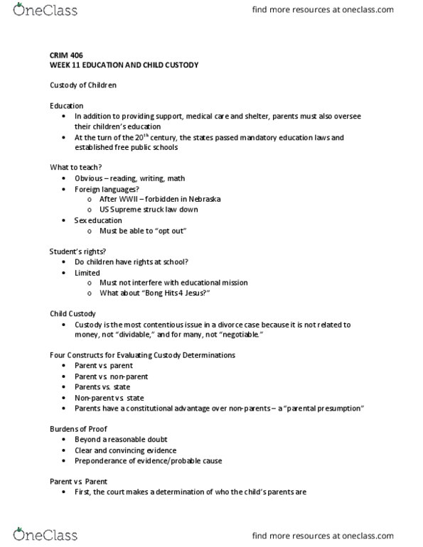 CRIM 406 Lecture Notes - Lecture 11: Morse V. Frederick, Tender Years Doctrine, Child Custody thumbnail