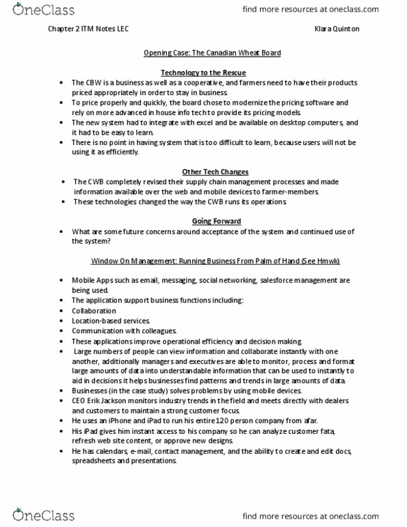 ITM 102 Lecture Notes - Lecture 2: Information System, Management System, Business Process thumbnail