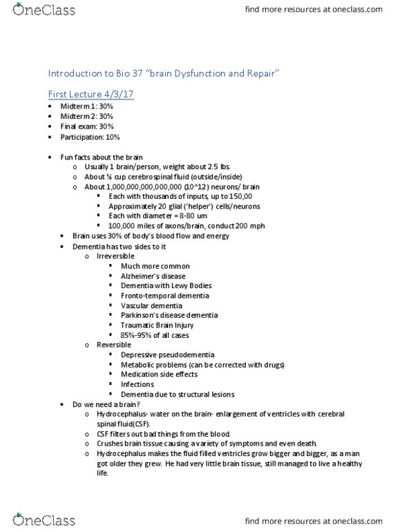 BIO SCI 37 Lecture Notes - Lecture 8: Frontotemporal Dementia, Cerebrospinal Fluid, Traumatic Brain Injury thumbnail