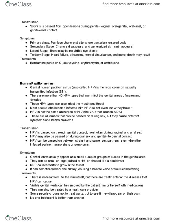 HLTH 101 Lecture Notes - Lecture 13: Genital Wart, Benzathine Benzylpenicillin, Chancre thumbnail