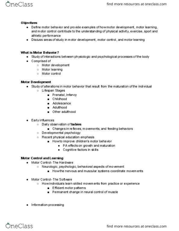 KNES 297 Lecture Notes - Lecture 16: Motor Learning, Motor Control, Information Processing thumbnail