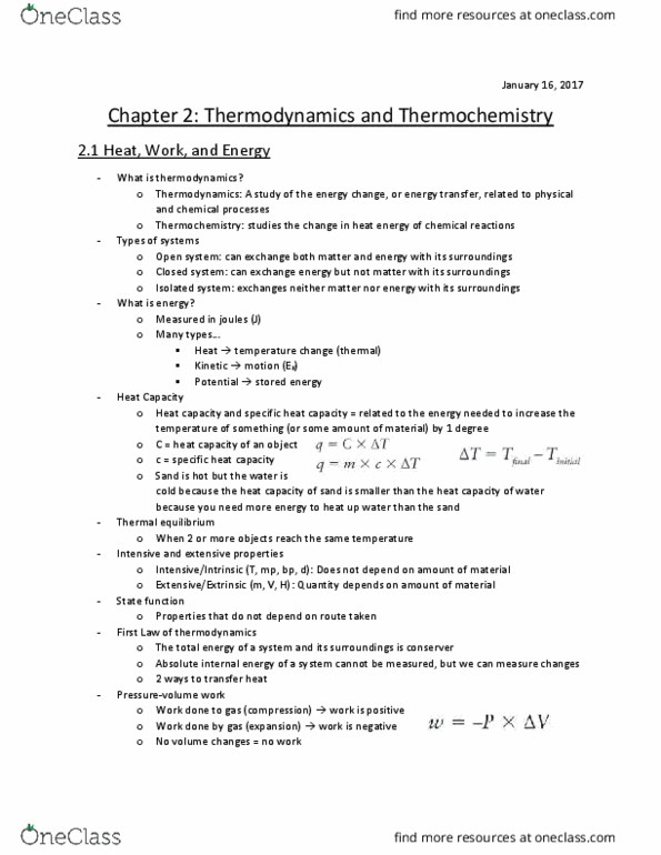 Chemistry 1302A/B Chapter Notes - Chapter 2: Thermal Equilibrium, Heat Capacity, Thermodynamics thumbnail